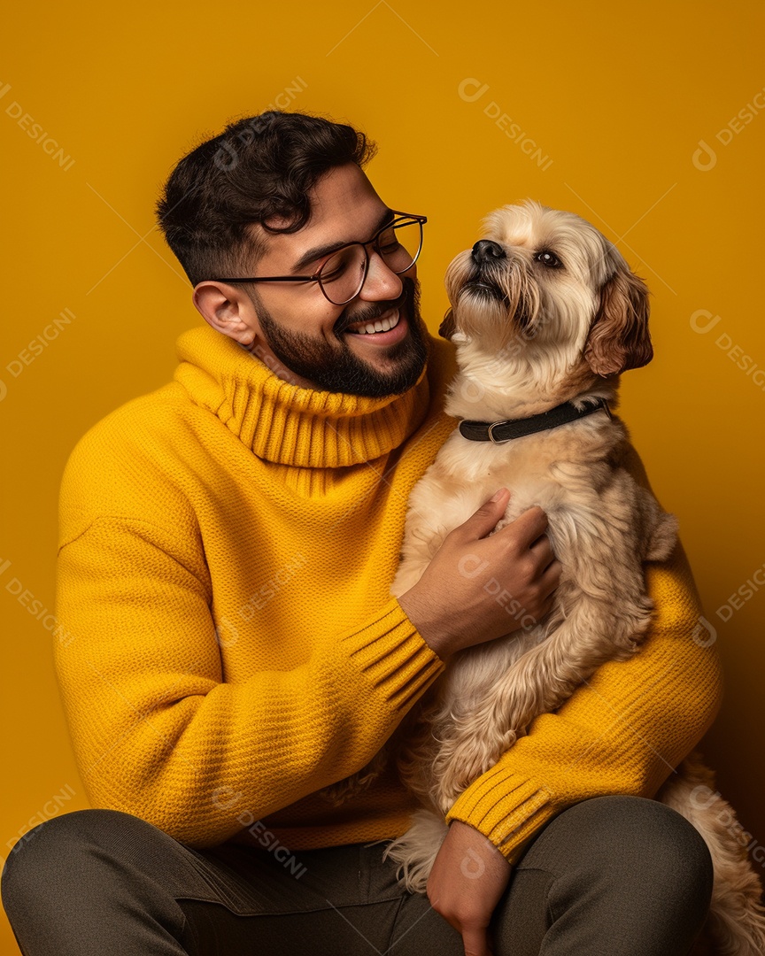 Homem com seu cachorro acariciando seu cachorro em um fundo bronzeado