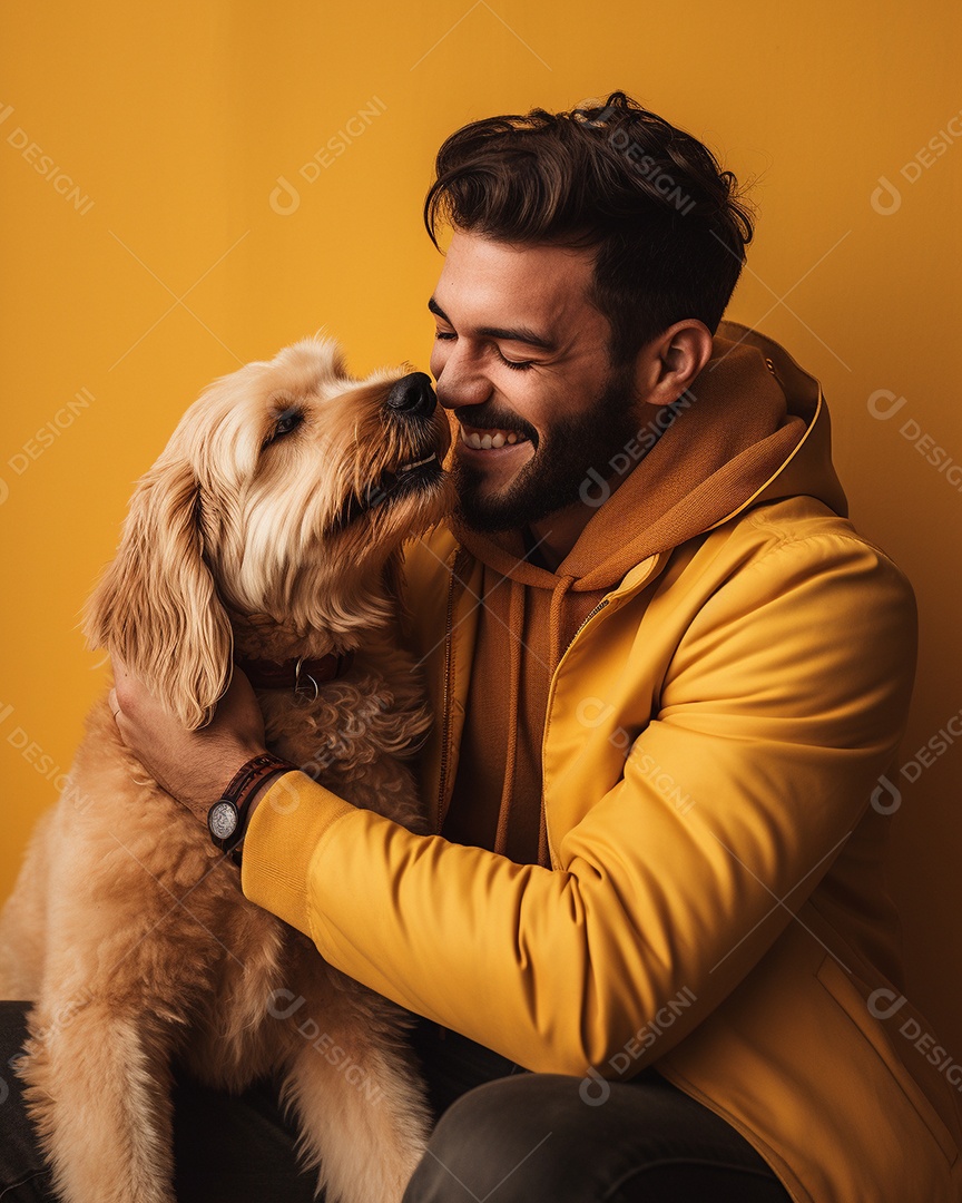 Homem com seu cachorro acariciando seu cachorro em um fundo bronzeado