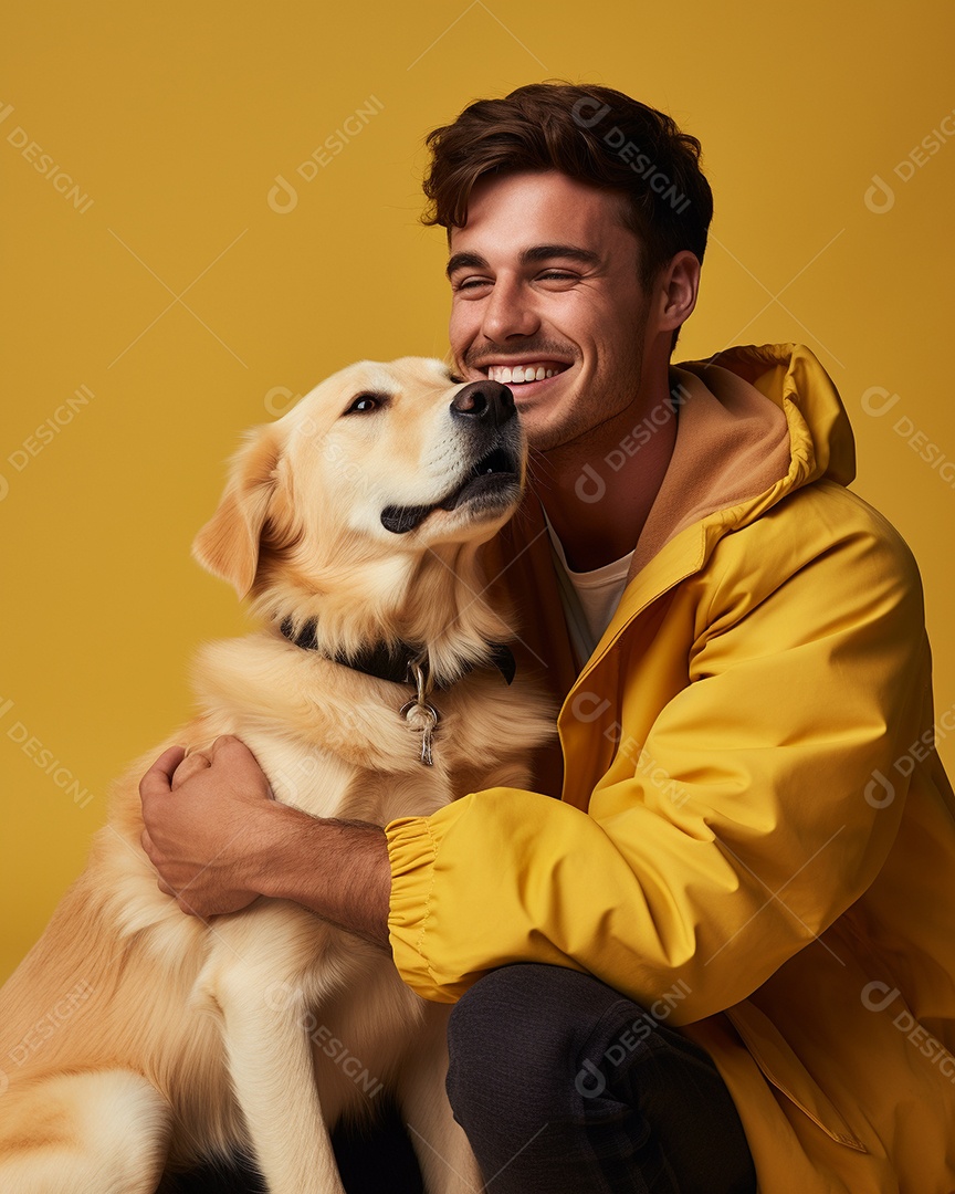Homem com seu cachorro acariciando seu cachorro em um fundo bronzeado