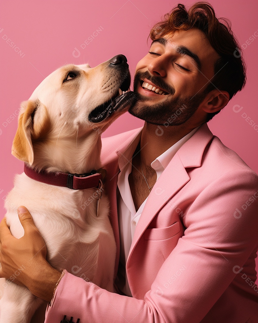 Um homem acariciando seu cachorro em um fundo colorido