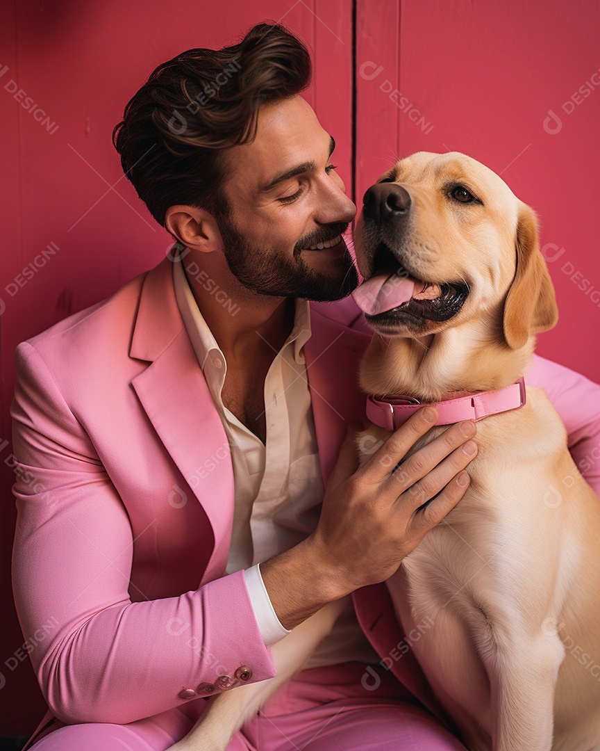 Um homem acariciando seu cachorro em um fundo colorido