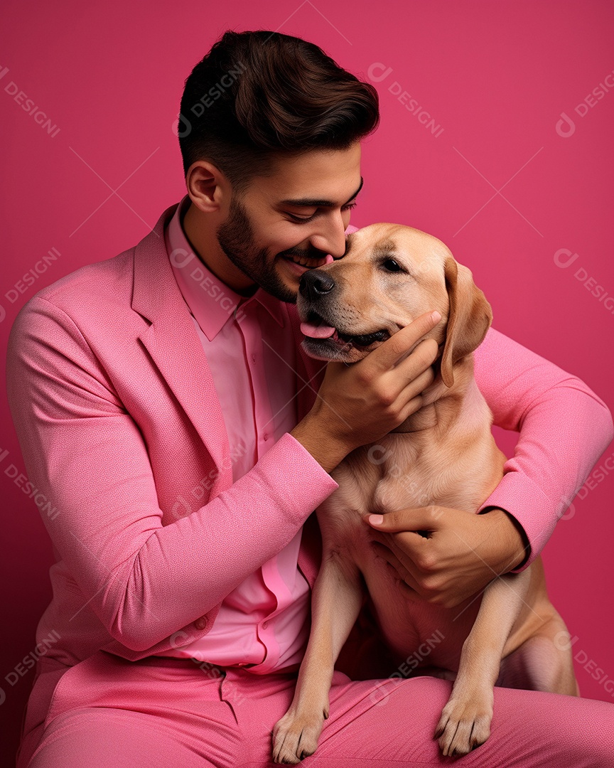 Um homem acariciando seu cachorro em um fundo colorido