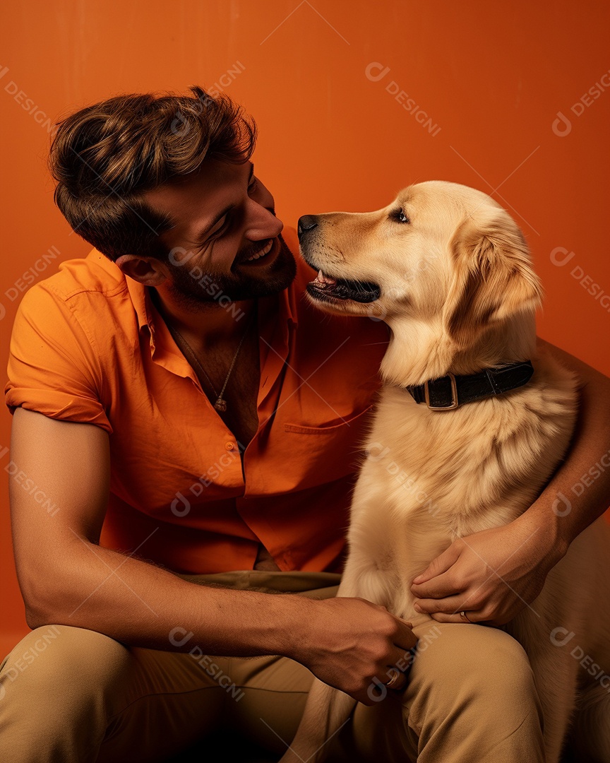 Um homem acariciando seu cachorro em um fundo colorido