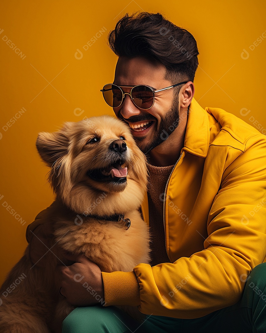 Um homem acariciando seu cachorro em um fundo colorido