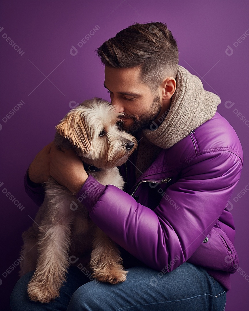 Um homem acariciando seu cachorro em um fundo colorido