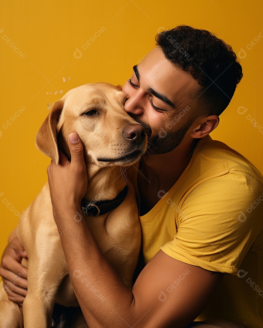 Um homem acariciando seu cachorro em um fundo colorido