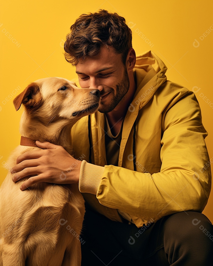 Um homem acariciando seu cachorro em um fundo colorido