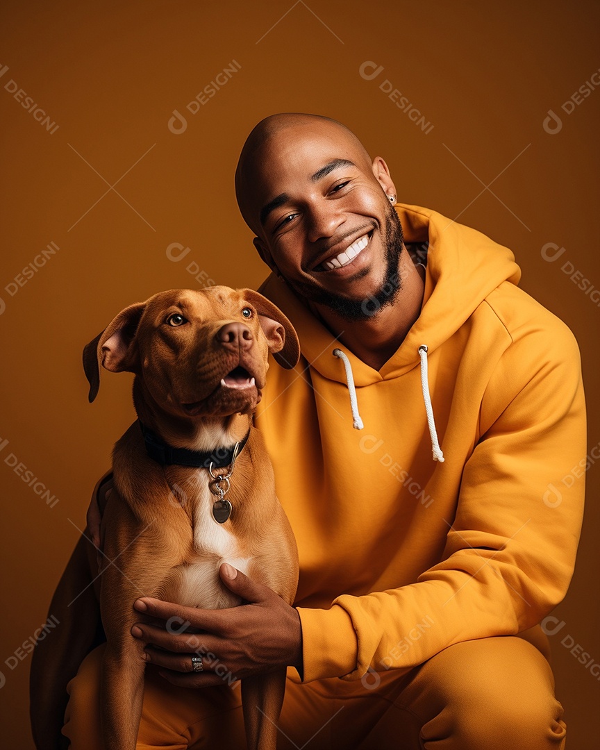 Um homem acariciando seu cachorro em um fundo colorido