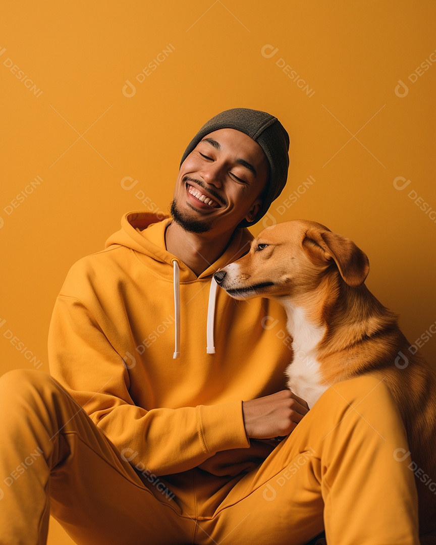 Um homem acariciando seu cachorro em um fundo colorido