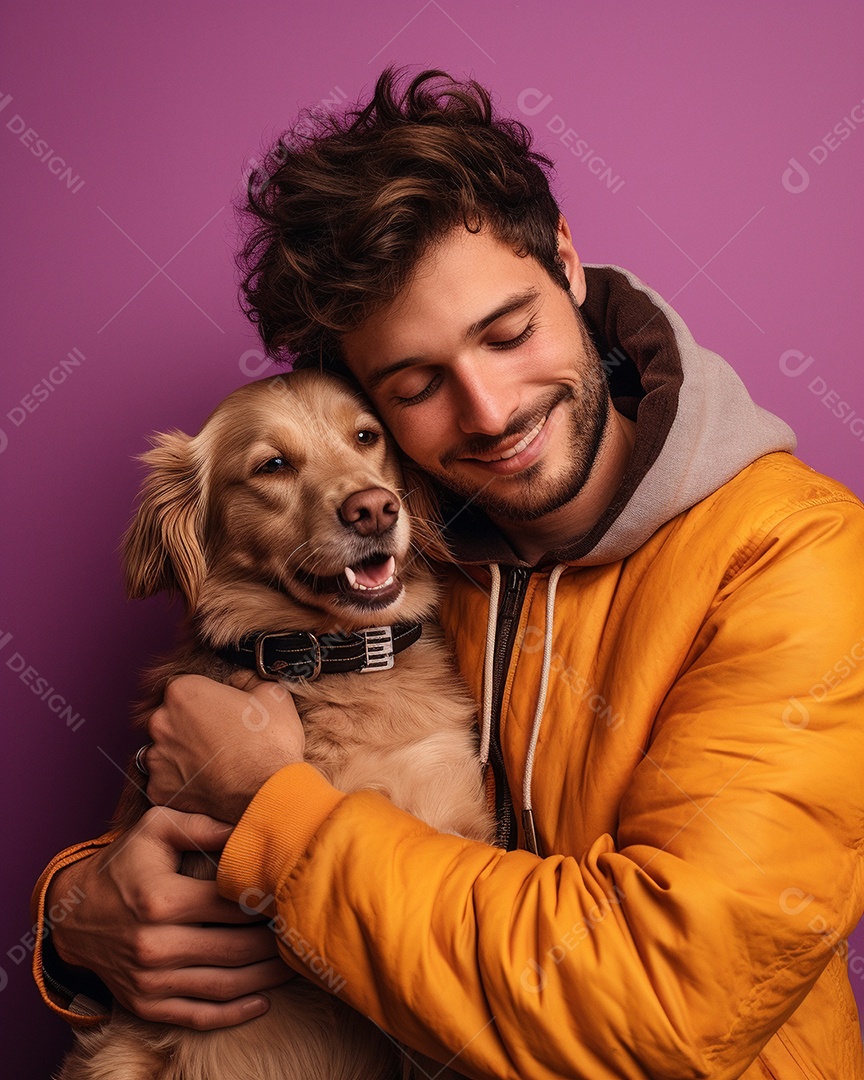 Um homem acariciando seu cachorro em um fundo colorido
