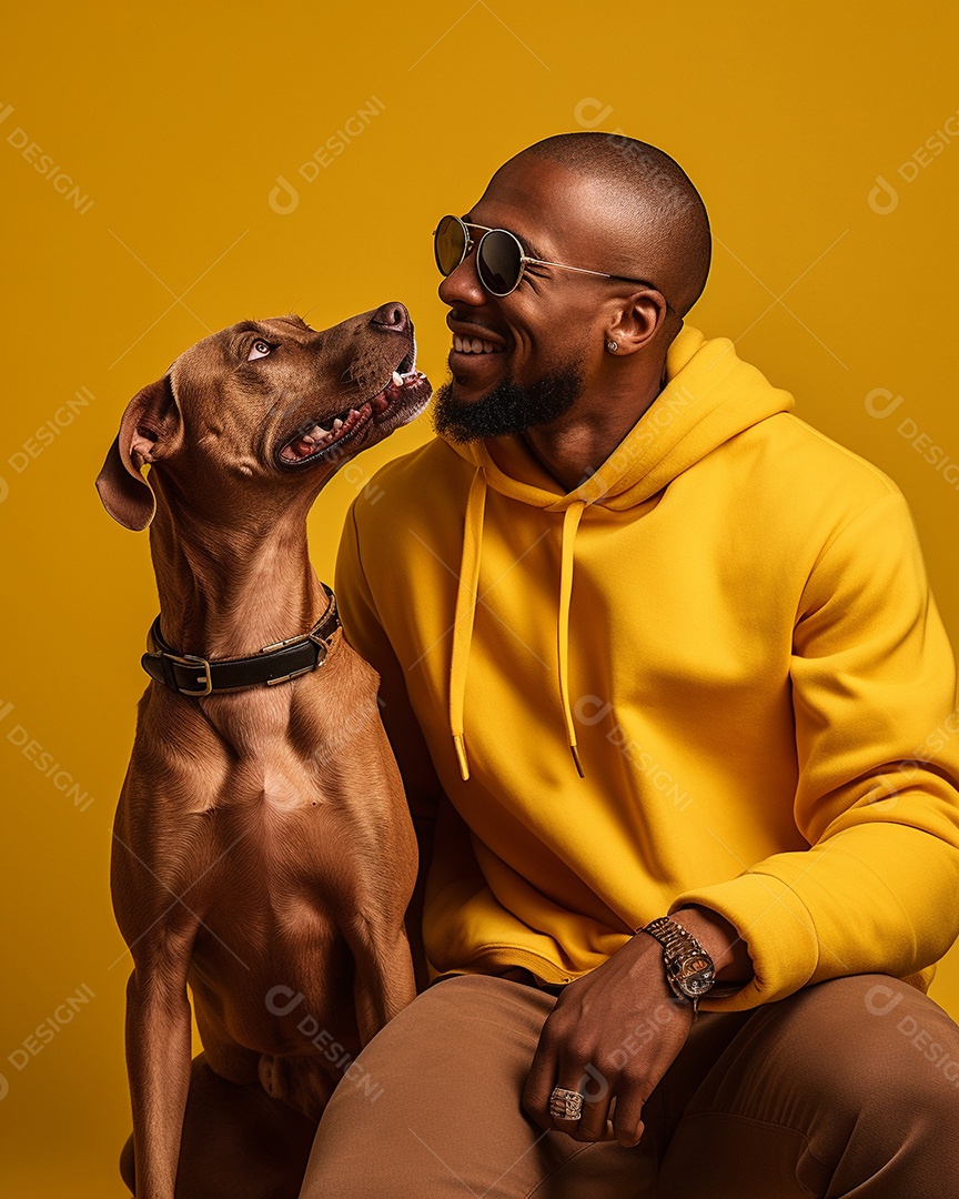 Um homem acariciando seu cachorro em um fundo colorido