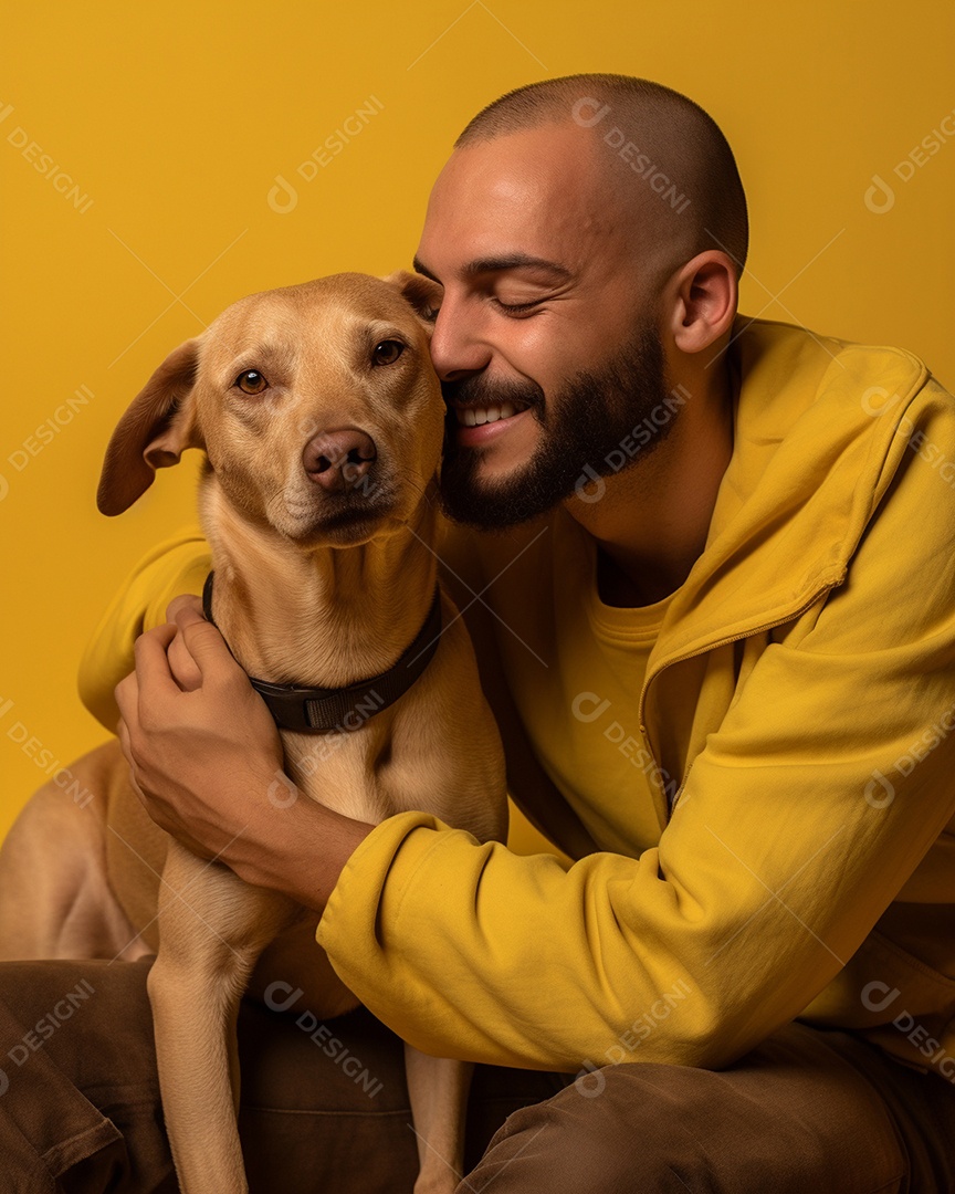 Um homem acariciando seu cachorro em um fundo colorido