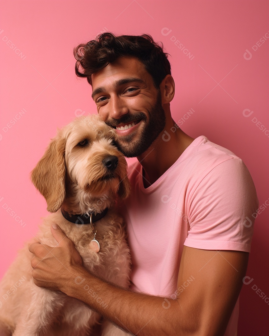 Um homem acariciando seu cachorro em um fundo colorido