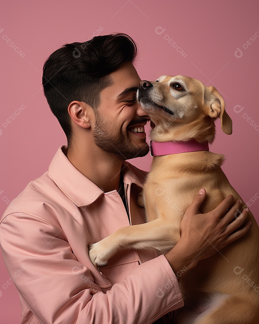 Um homem acariciando seu cachorro em um fundo colorido