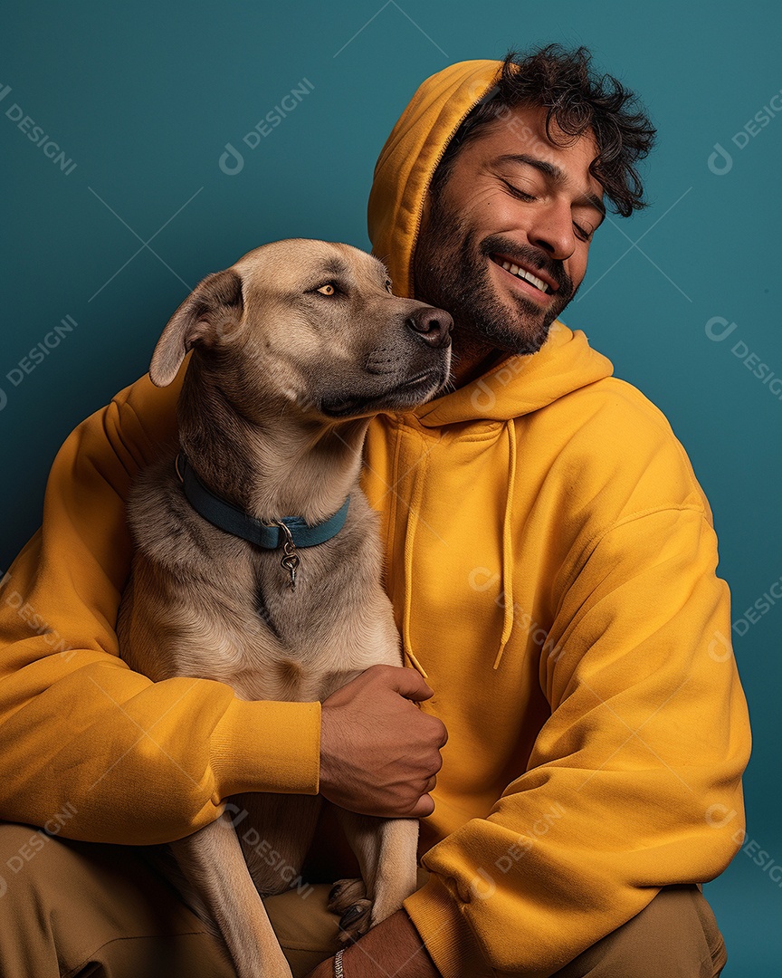 Um homem acariciando seu cachorro em um fundo colorido