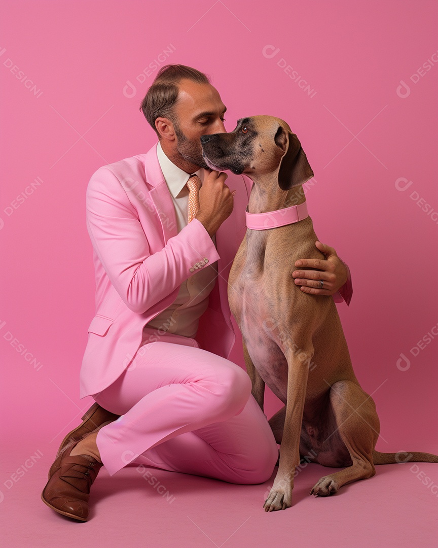 Um homem acariciando seu cachorro em um fundo colorido