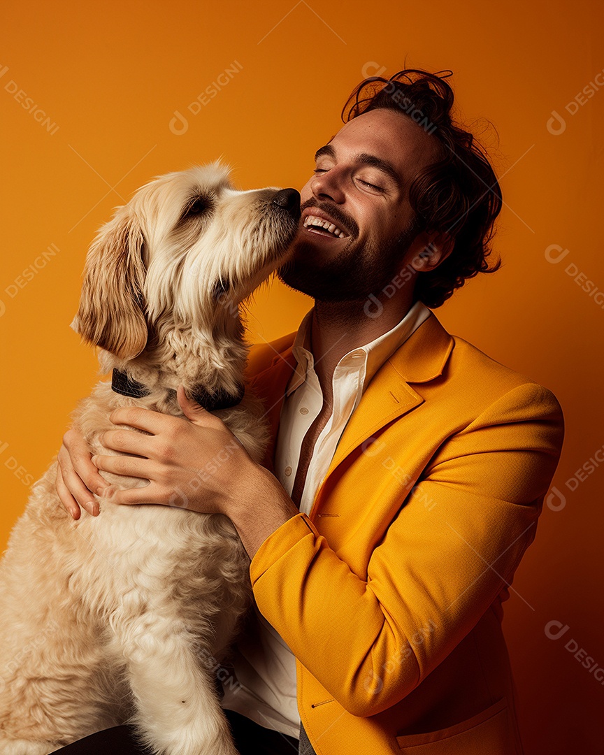 Um homem acariciando seu cachorro em um fundo colorido