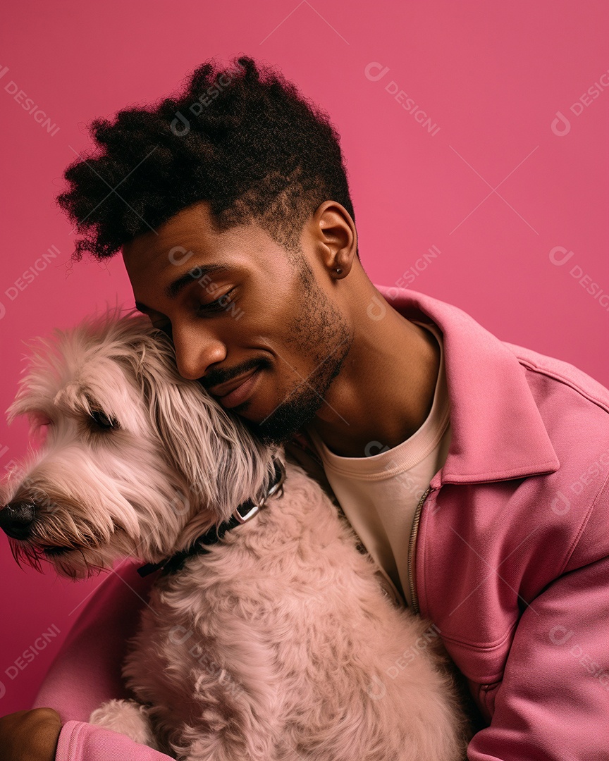 Um homem acariciando seu cachorro em um fundo colorido