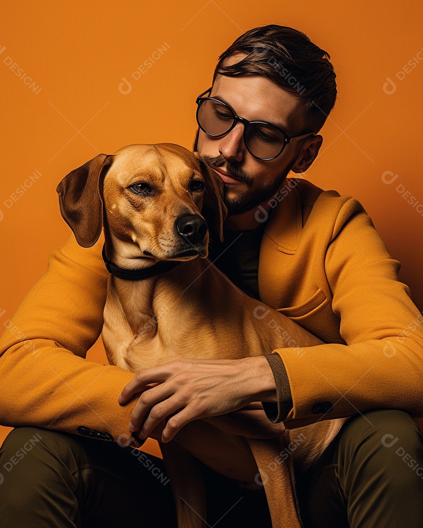 Um homem acariciando seu cachorro em um fundo colorido