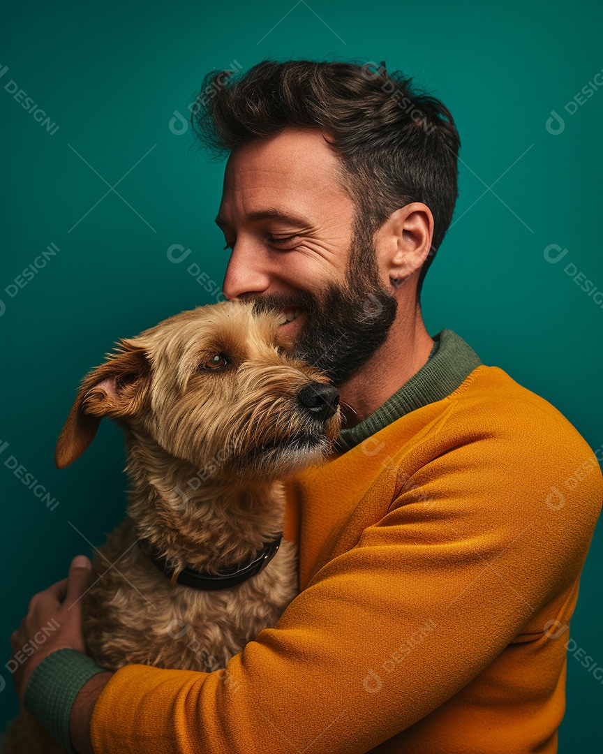 Um homem acariciando seu cachorro em um fundo colorido
