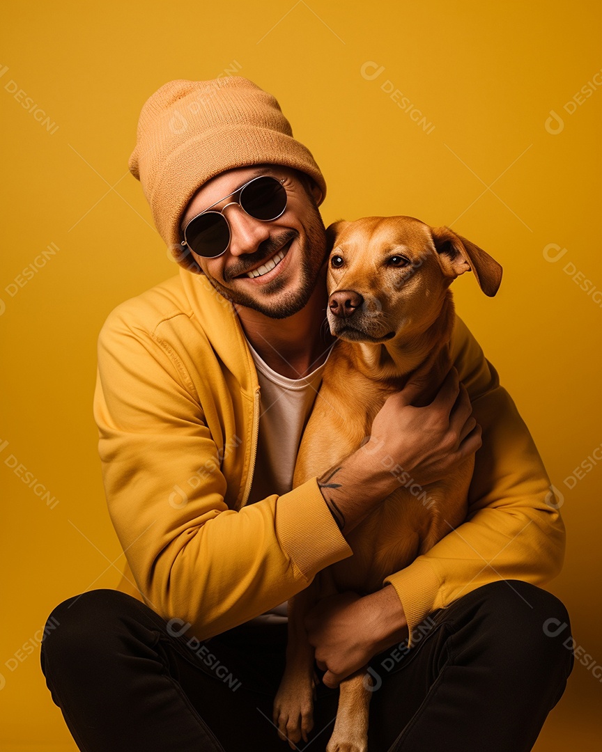 Um homem acariciando seu cachorro em um fundo colorido