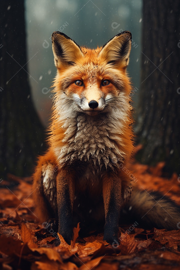 Linda raposa sentada na floresta