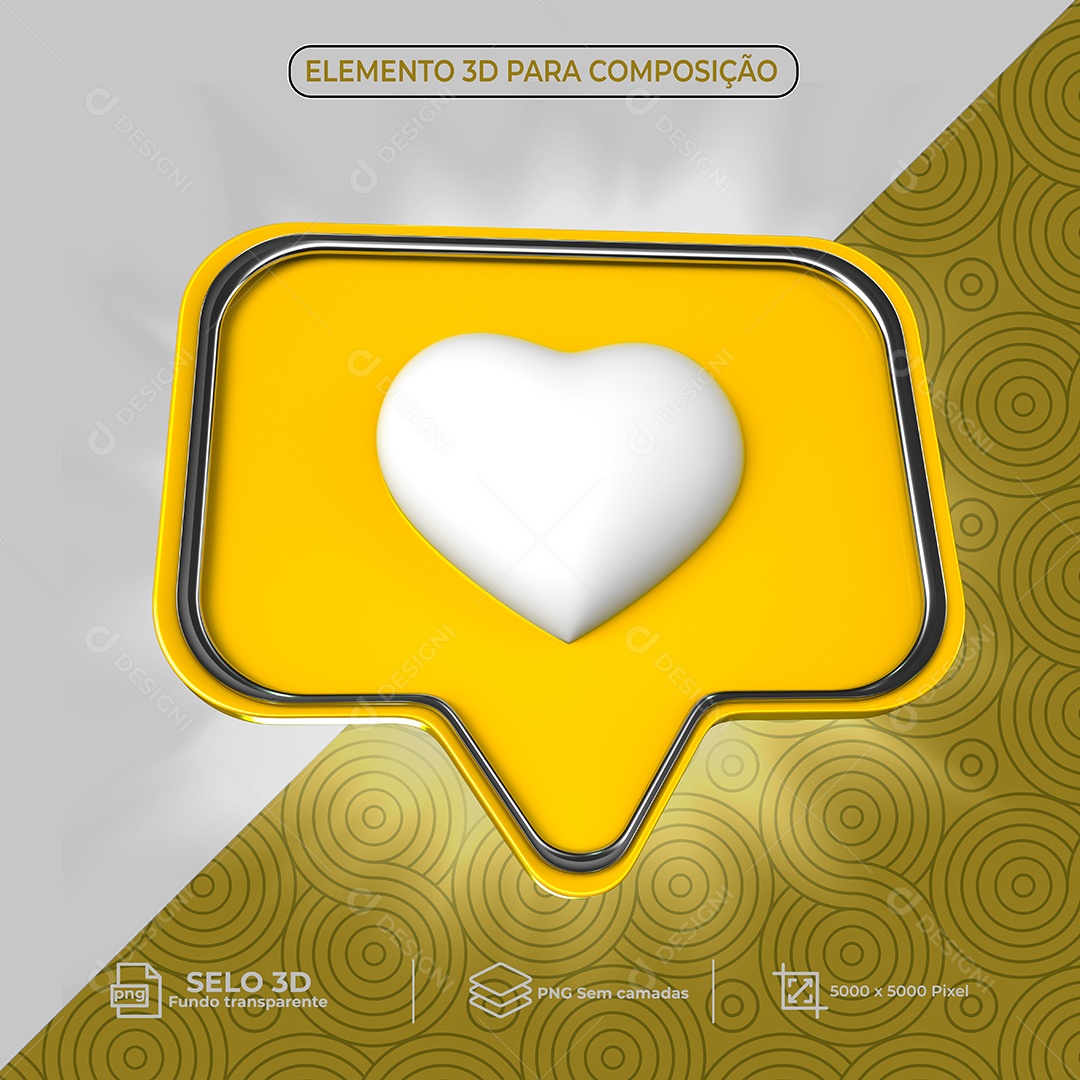Elemento 3D Like Amarelo Coração Para Composição PSD