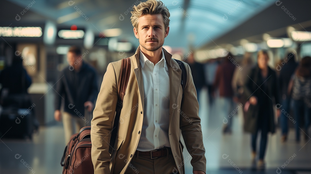 Empresário moderno está puxando a mala em um aeroporto