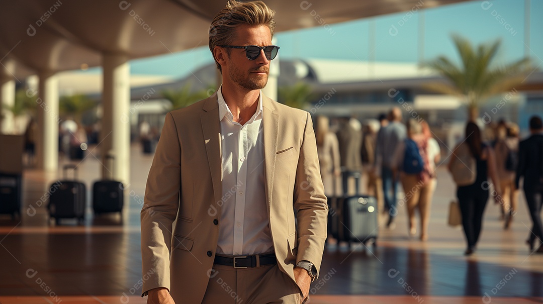 Empresário moderno está puxando a mala em um aeroporto