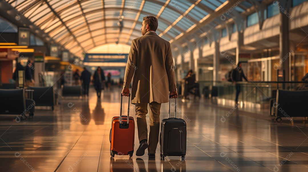 Empresário moderno está puxando a mala em um aeroporto