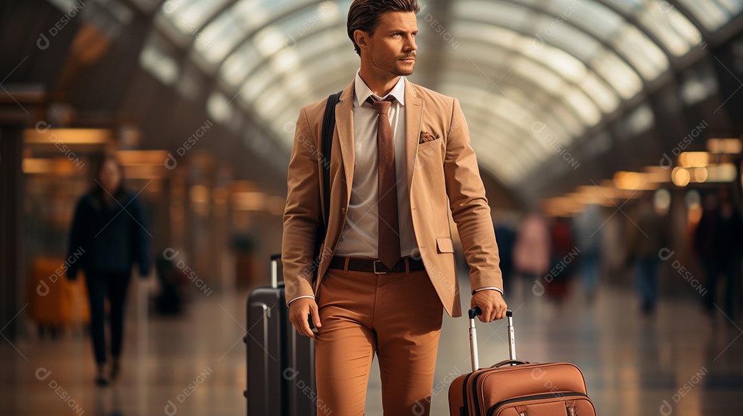 Empresário moderno está puxando a mala em um aeroporto