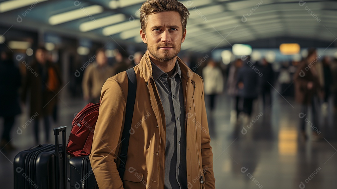 Empresário moderno está puxando sua mala em um aeroporto