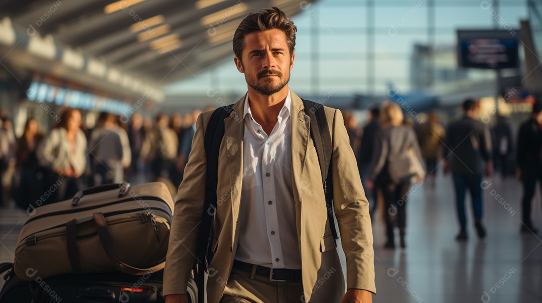 Empresário moderno está puxando sua mala em um aeroporto