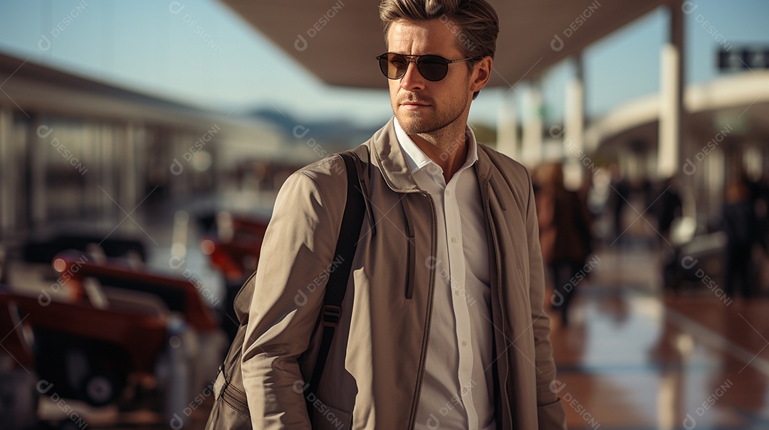 Empresário moderno está puxando sua mala em um aeroporto