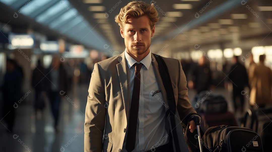 Empresário moderno está puxando sua mala em um aeroporto