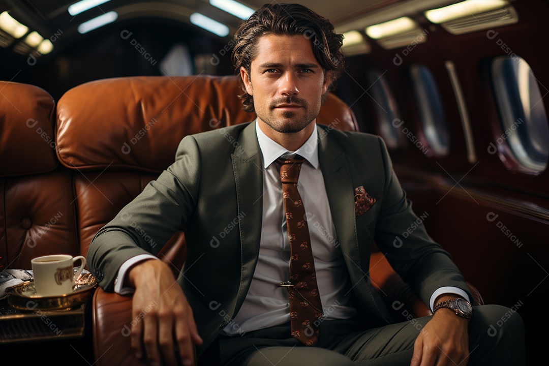 Empresário sentado em um avião enquanto segura seu café