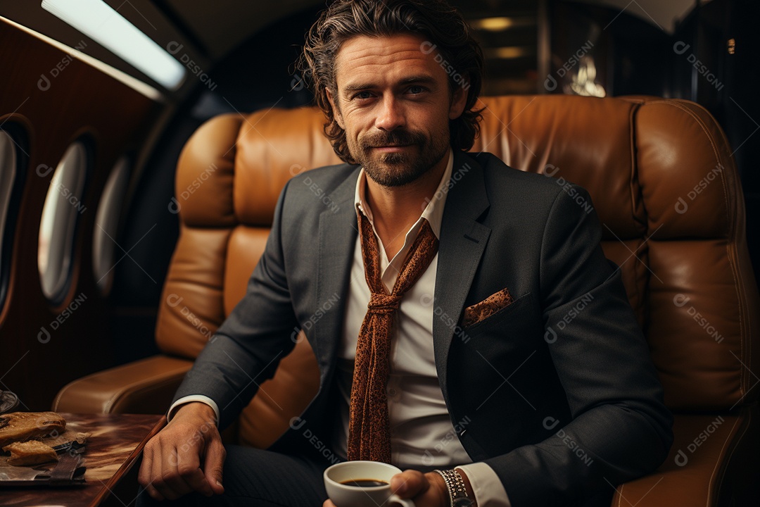 Empresário sentado em um avião enquanto segura seu café