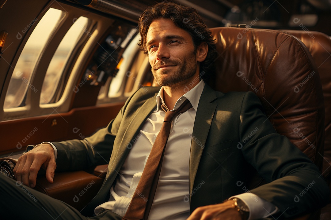 Empresário sentado em um avião enquanto segura seu café
