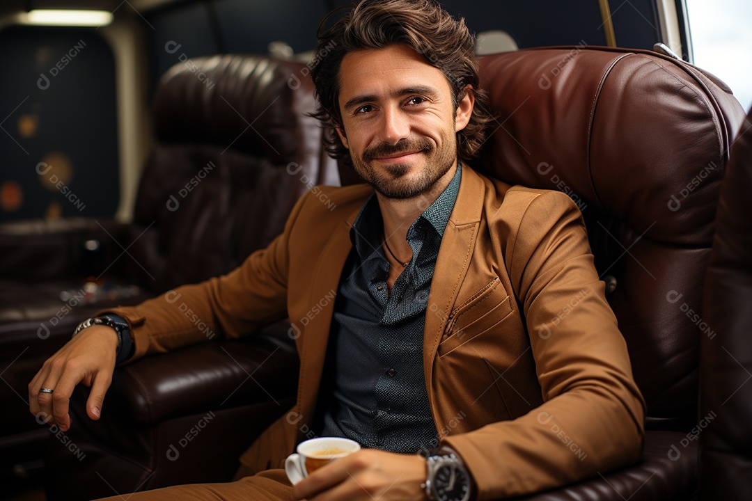 Empresário sentado em um avião enquanto segura seu café