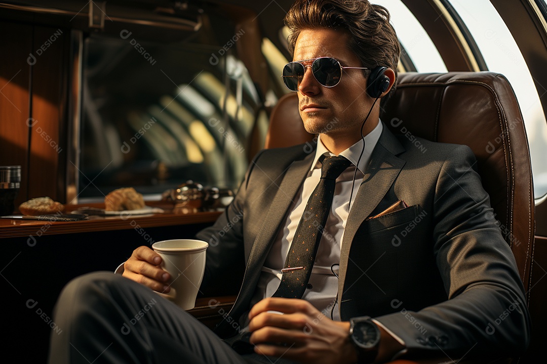 Empresário sentado em um avião enquanto segura seu café