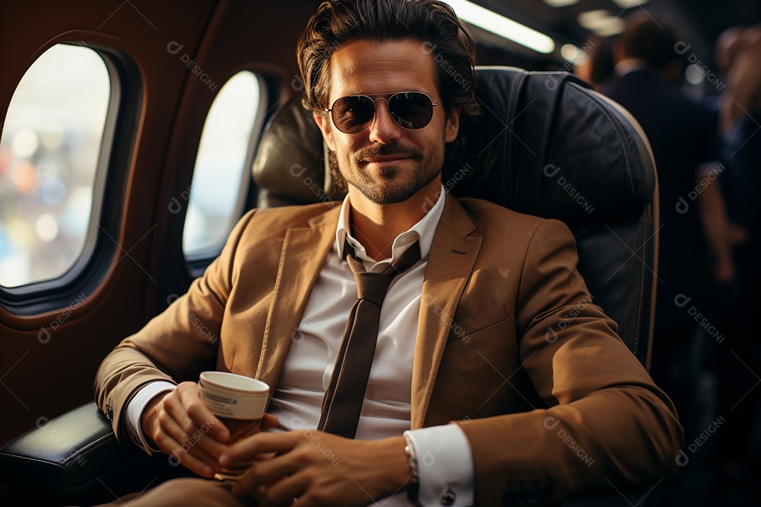 Empresário sentado em um avião enquanto segura seu café