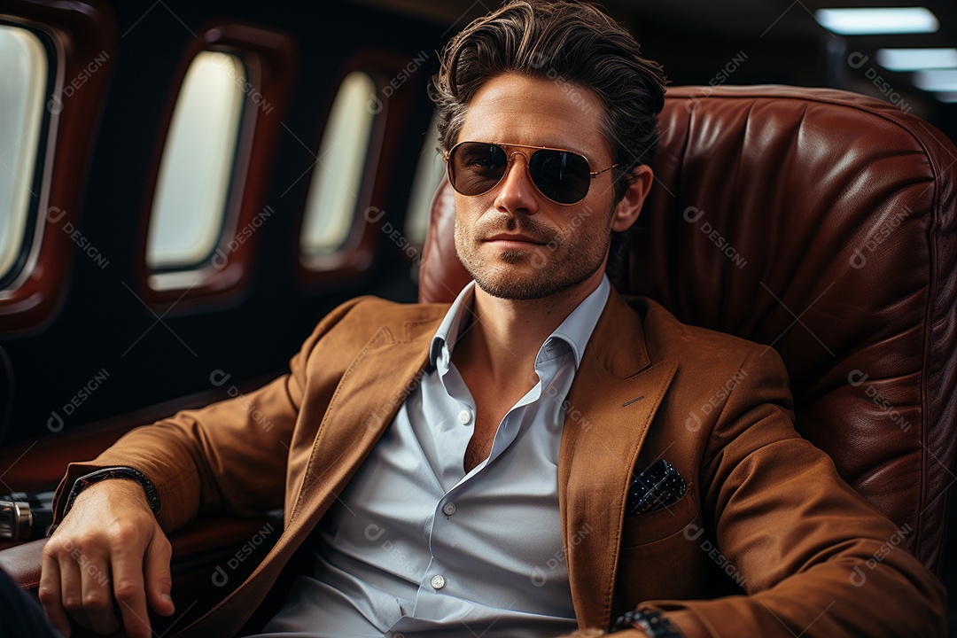 Empresário sentado em um avião enquanto segura seu café