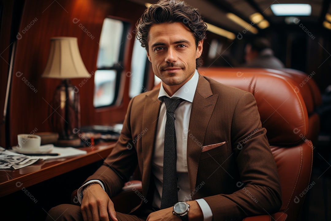 Empresário sentado em um avião enquanto segura seu café