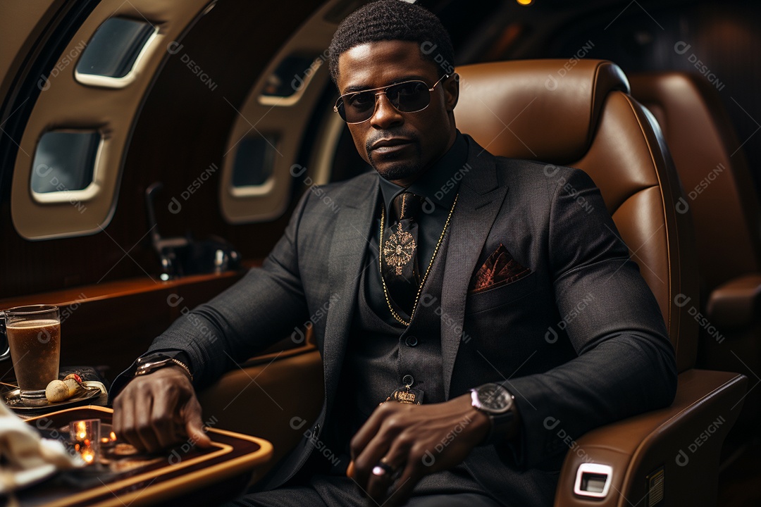 Bem-sucedido, um empresário negro sentado em um avião enquanto segura seu café