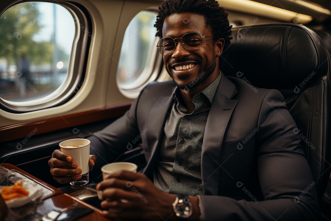 Bem-sucedido, um empresário negro sentado em um avião enquanto segura seu café