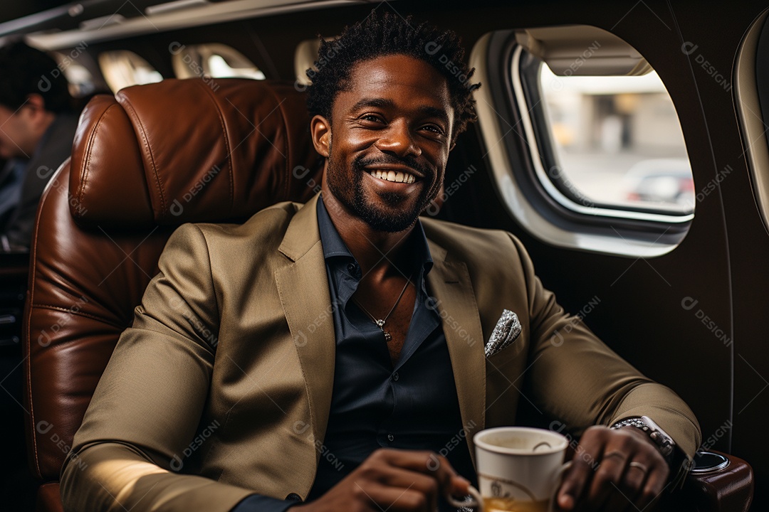 Bem-sucedido, um empresário negro sentado em um avião enquanto segura seu café
