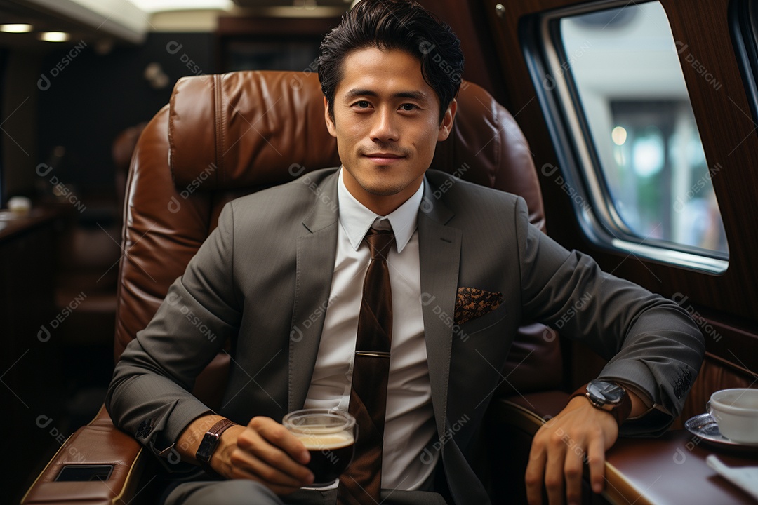 Bem-sucedido, um empresário negro sentado em um avião enquanto segura seu café