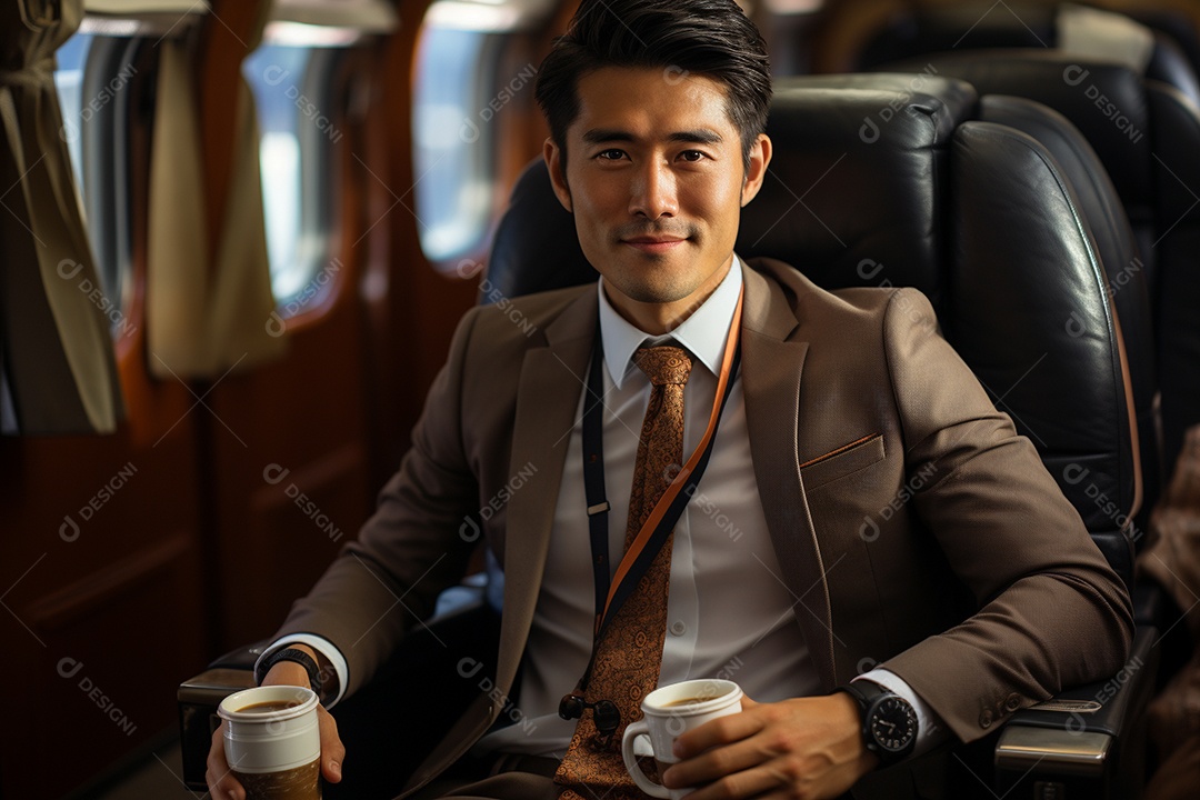 Bem-sucedido, um empresário negro sentado em um avião enquanto segura seu café