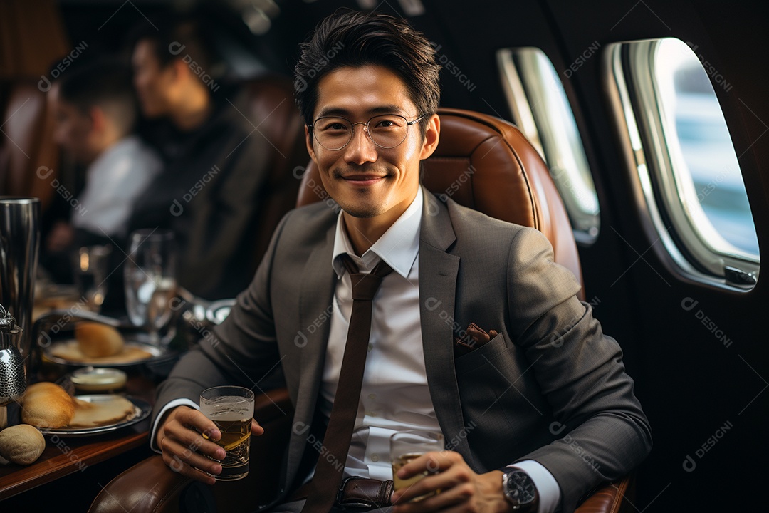 Bem-sucedido, um empresário negro sentado em um avião enquanto segura seu café