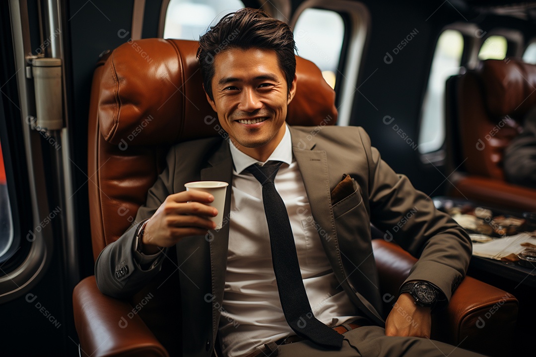 Bem-sucedido, um empresário negro sentado em um avião enquanto segura seu café